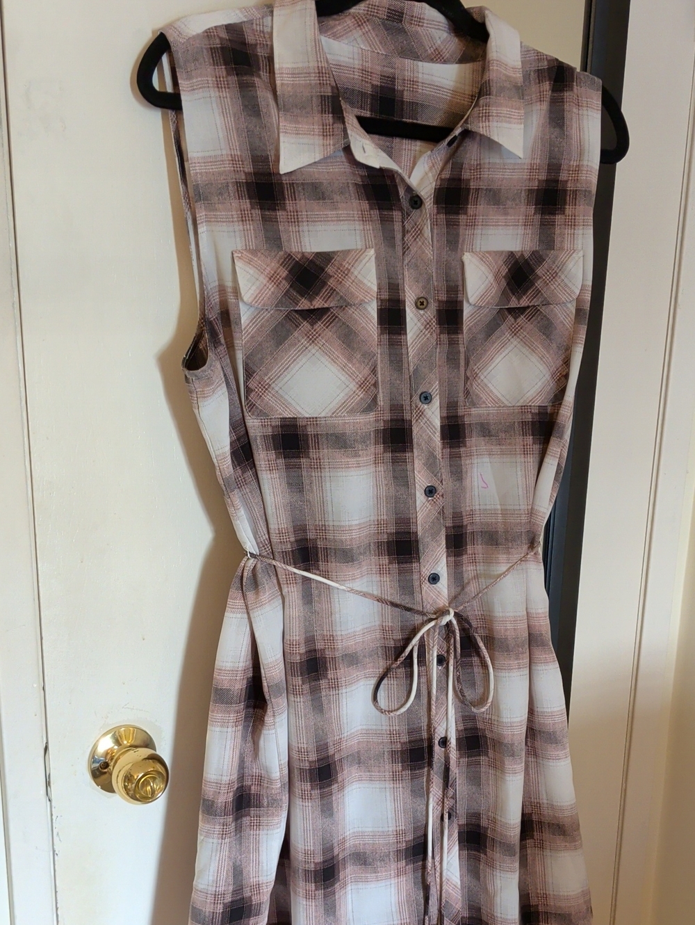 Sleeveless Plaid Button-Front Dress in Beige and Black